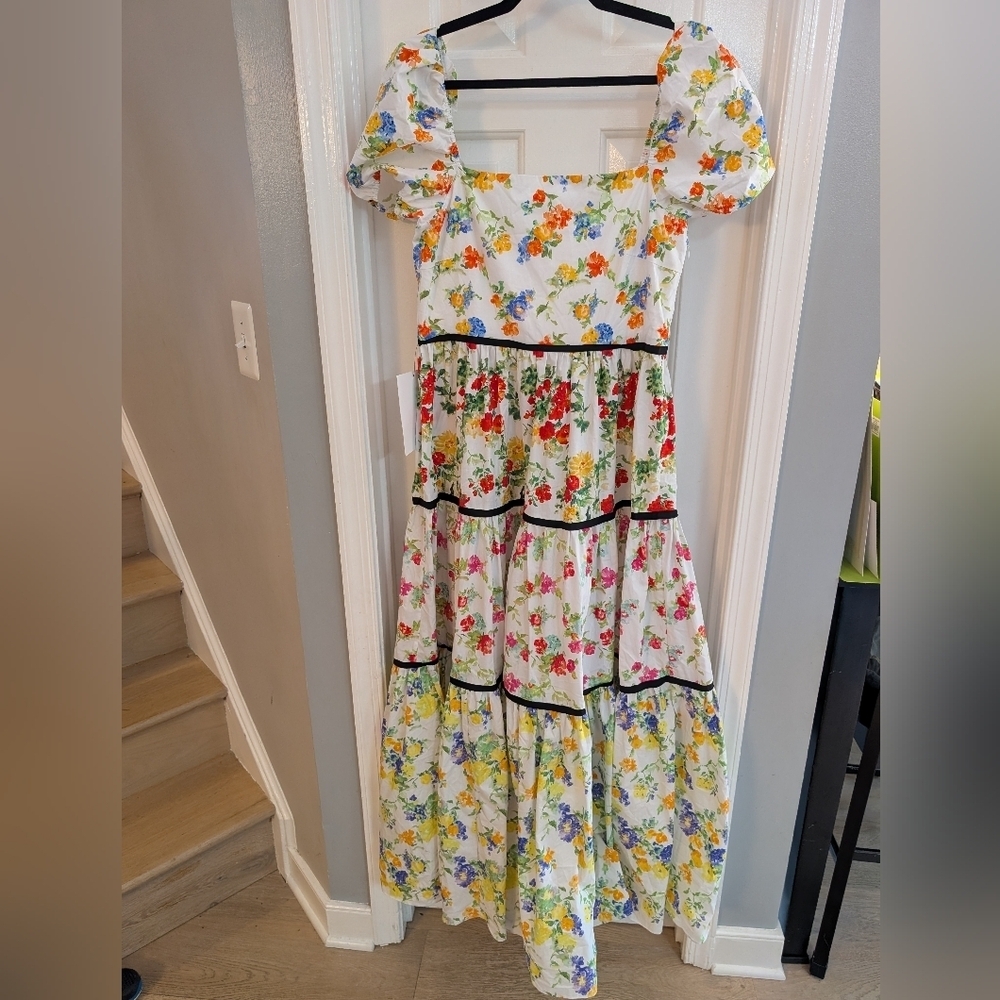NWT Caroline Constas Hart Dress (Blanc Floral Mix) Maxi Dress w/ Puff Sleeves XL